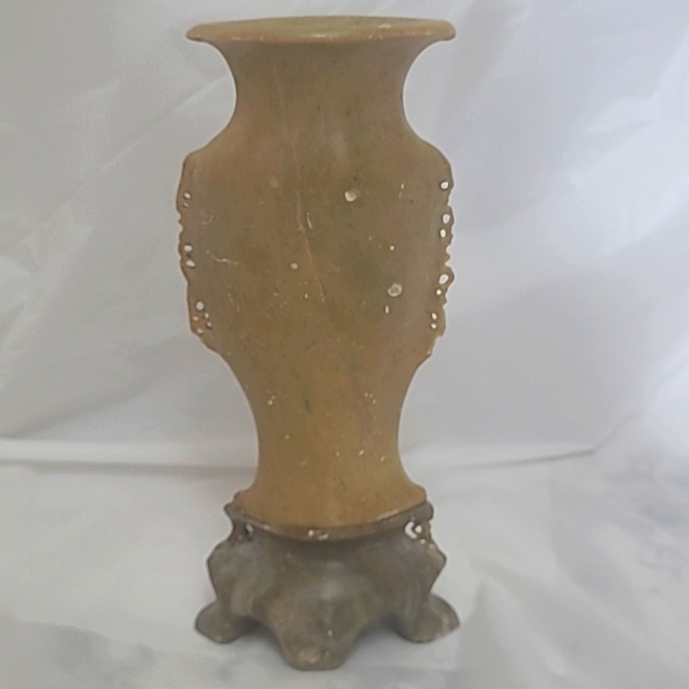 Bud Vase Chinese Carved Soap Stone Rose Floral Design Pedestal Tan brown Vintage - Picture 3 of 6